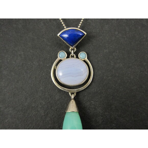Sterling Lapis Lazuli Banded Agate Aventurine Opal Pendant - Picture 15 of 16